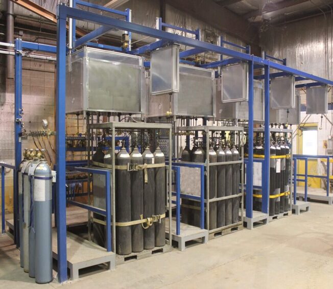 welding gas cylinders stacked for refilling